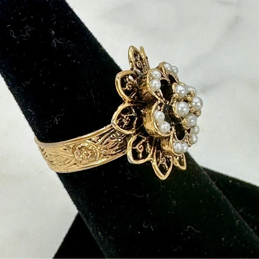 Vintage Cocktail Ring Victorian Revival Gold Tone Filigree Faux Pearl Adjustable - Picture 2 of 9